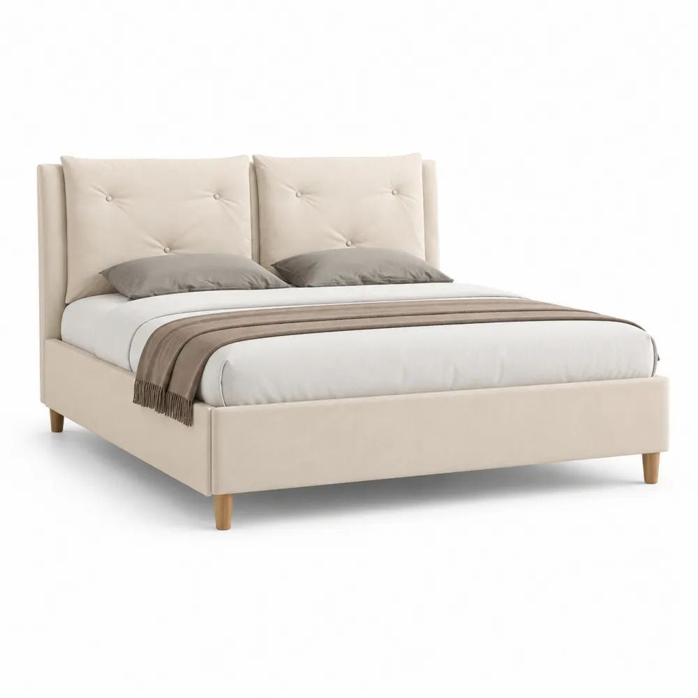 Lit double rembourré en polyester beige et bois naturel, couchage 160 × 200 cm, tête de lit capitonnée, 170 × 215 × 115 cm