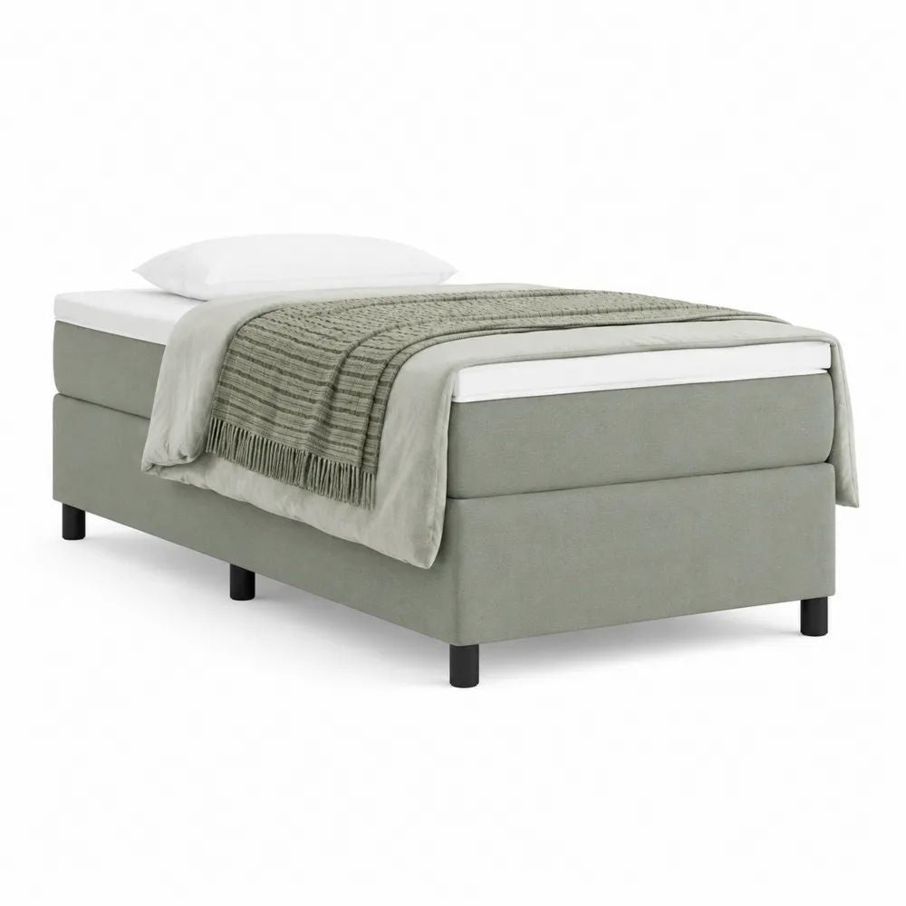 Lit continental 1 place en tissu vert sauge avec matelas et surmatelas, 90 × 200 × 60 cm